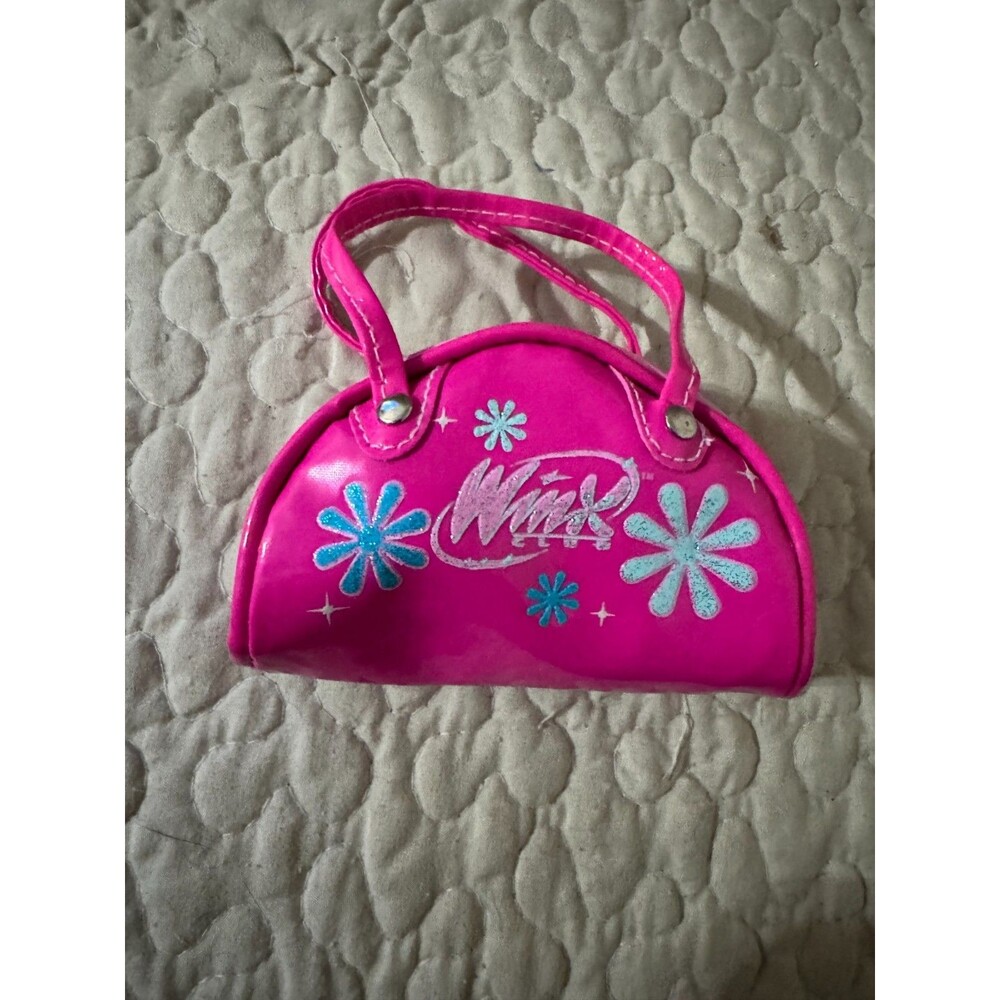 Vintage 2000s Winx Club Pink Mini Handbag Purse Blue Sparkle Flowers Logo Tag